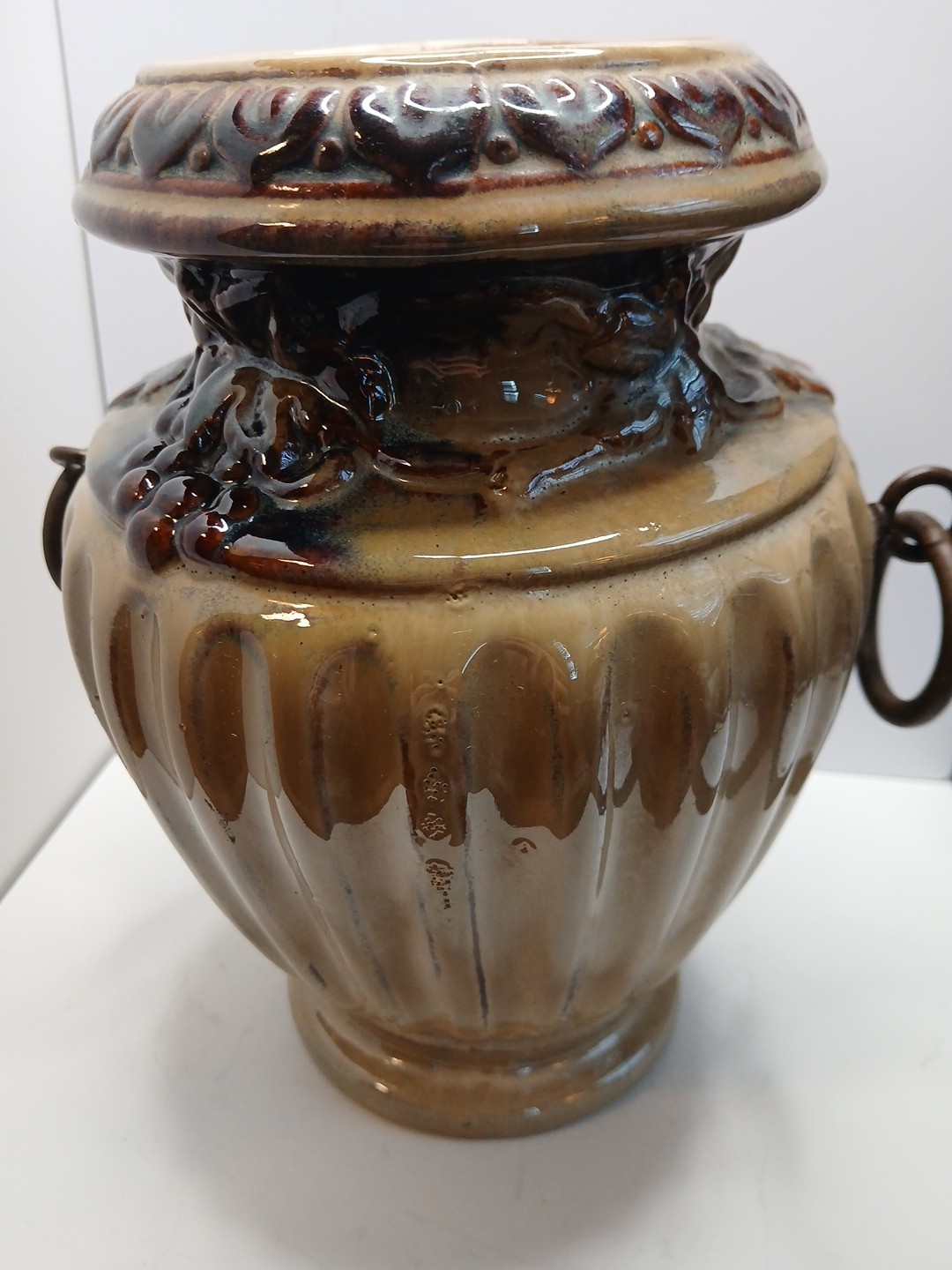 Brown Drip Glaze Ribbed 9.25 In Vase With Metal Ring Handles