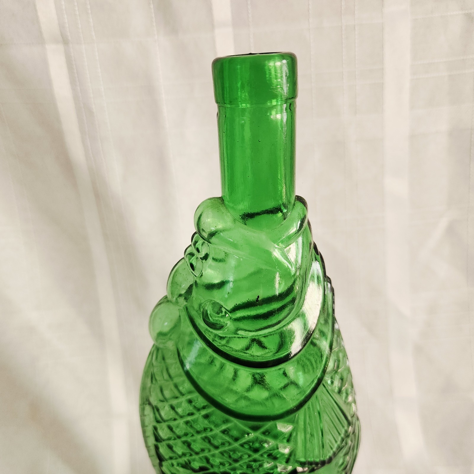 Vintage Green Glass Fish Shaped Wine Bottle Decanter Scales 13″ T F Mark