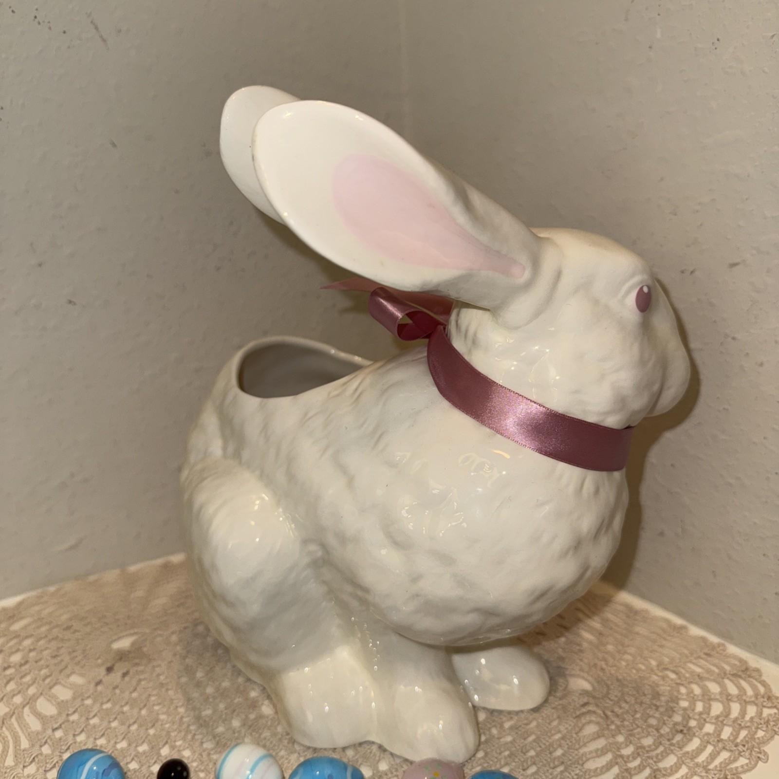 22 Hand Blown Glass Eggs & Large 9.5” Bunny Rabbit Planter Vintage Easter Decor