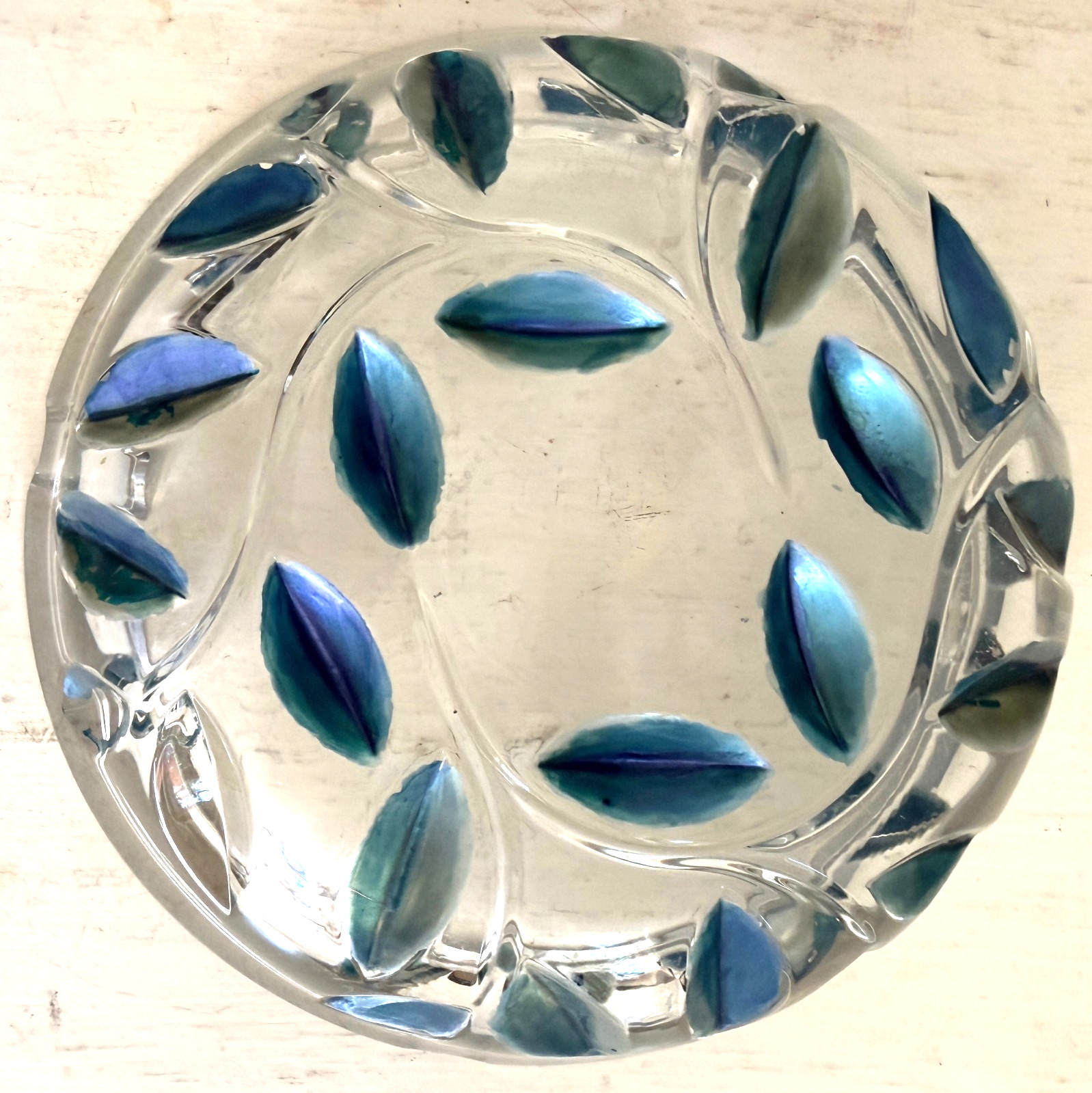 Colorful Blue & Green Leaves Heavy Glass Ashtray 7 inch Diameter 2 1/4 lbs
