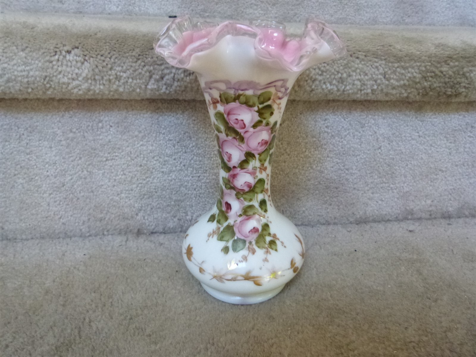 VTG Fenton Charleton Rose Crest Ruffled Hand Painted Vase Pink Cased 8″