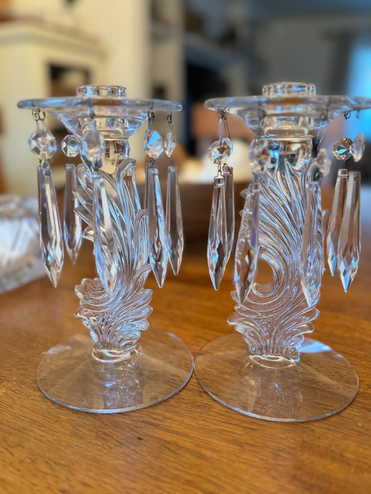 2 Vtg taper Candle Holder Crystal Lusters Fostoria Baroque hollywood regency