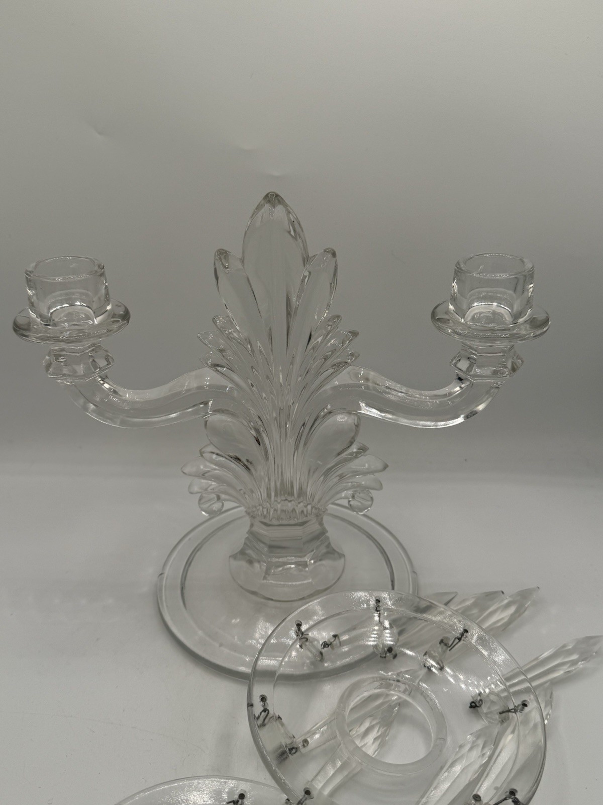 Fostoria Double Arm Crystal Candelabra with Bobeches & Prisms – Art Deco VTG