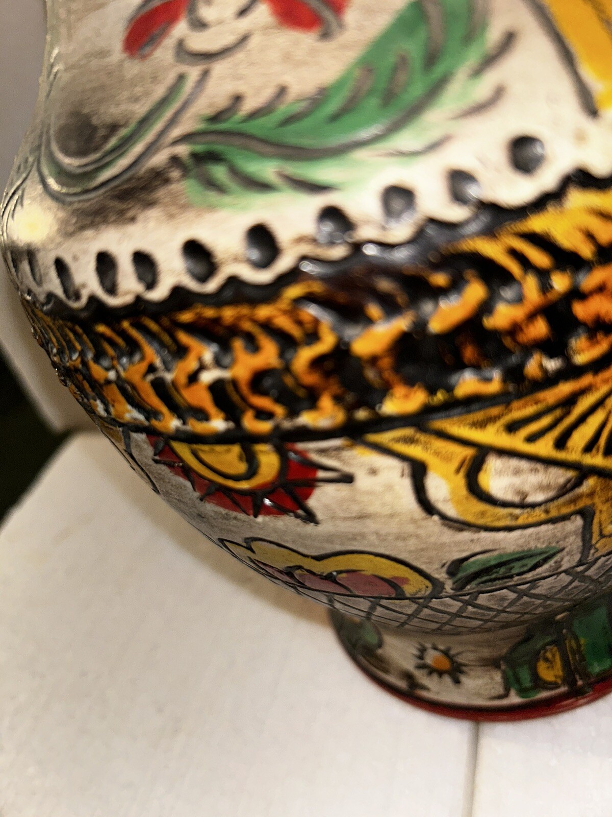 Vintage Made in Japan Bird and Floral Earthenware Vase. Pottery. Engraved Design