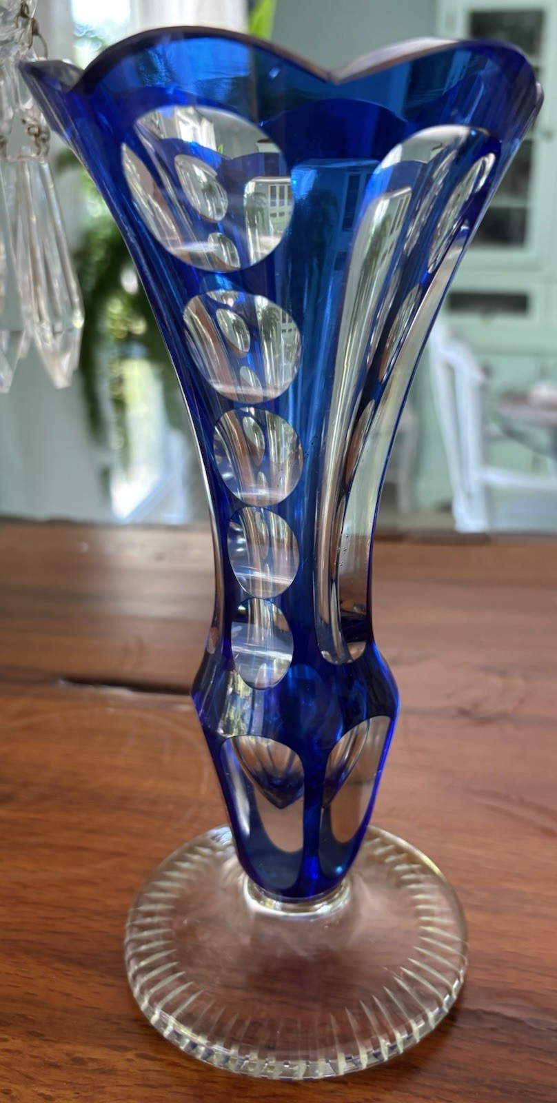 Vintage Bohemian Cobalt Cut To Clear Crystal Scalloped Edge Footed Vase