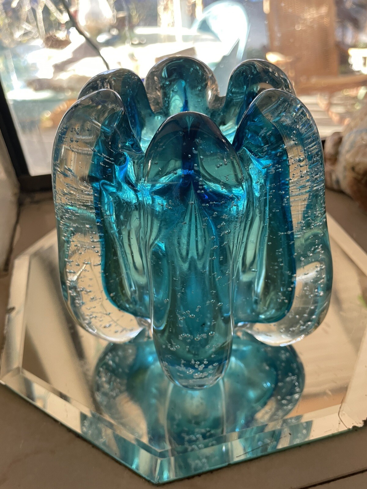 Mid 20th Century Murano Art BLUE Glass Scalloped vase/votive Controlled Bubbles