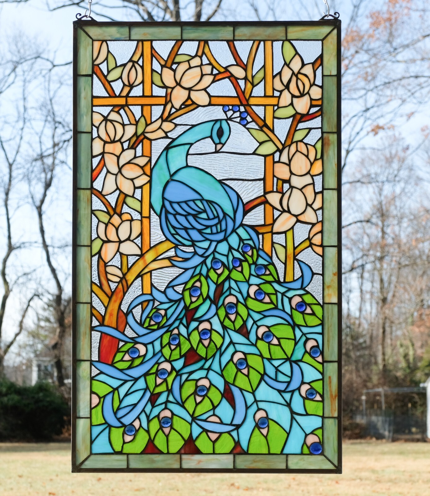 20.5″ x 34.75″ Handcrafted peacock flower stained glass window panel WL22-221