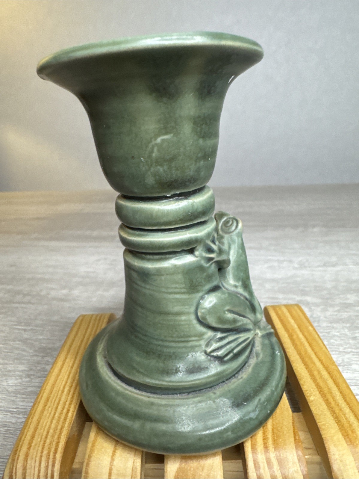 Frog Candlestick Indonesian Pottery Matte Green Glaze Toad