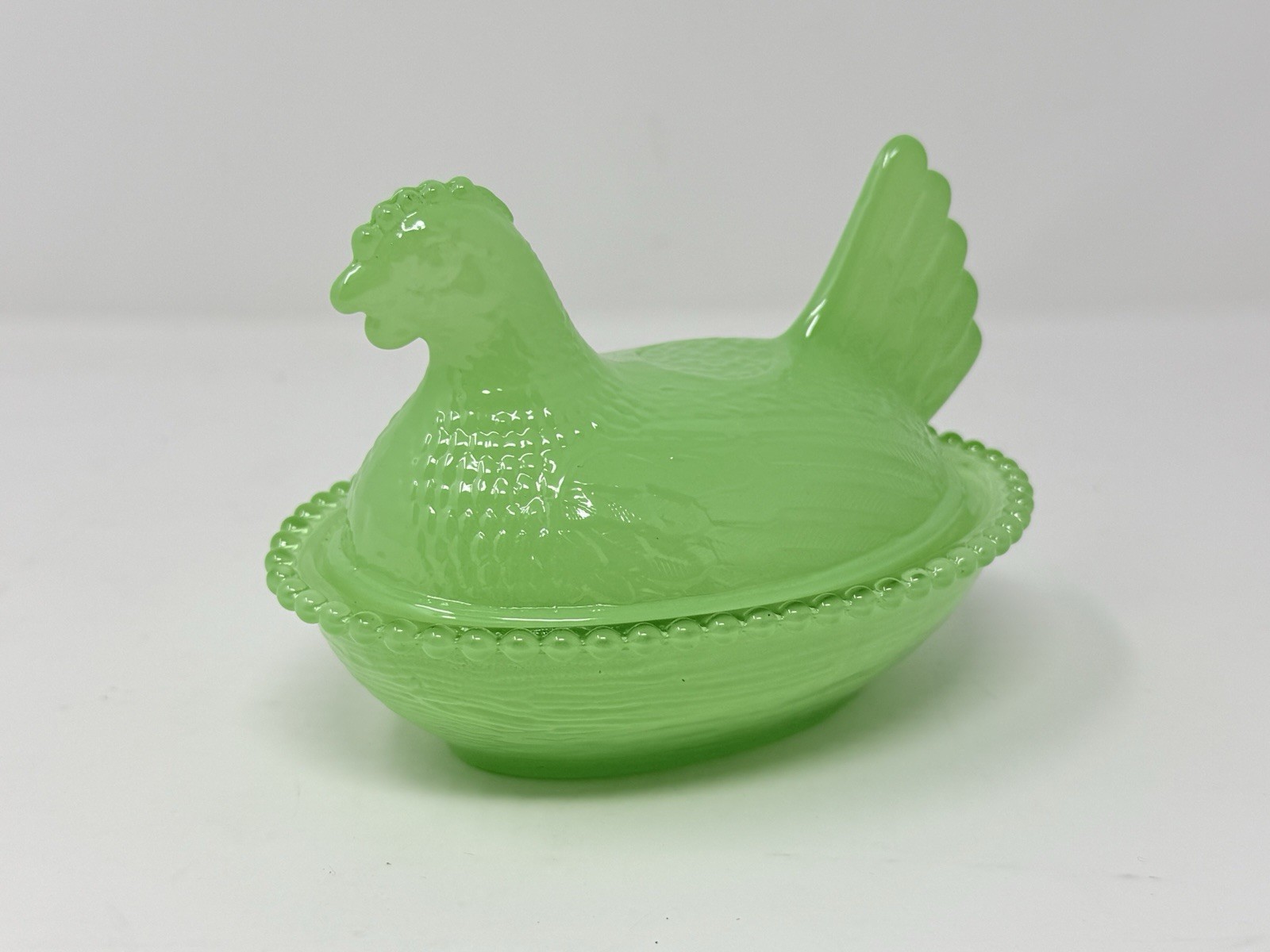 Hen On Nest Artificial Jadeite Green Glass 4.5 Inches Candy Dish Cottage Style