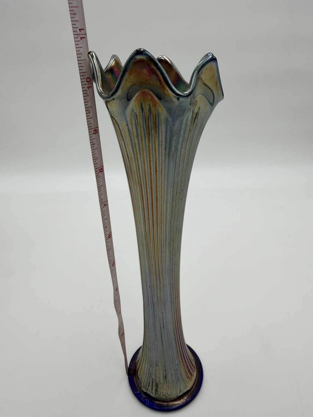 Fenton Art Glass Fine Rib Carnival Glass Sapphire Blue Vase c. 1930s 11”