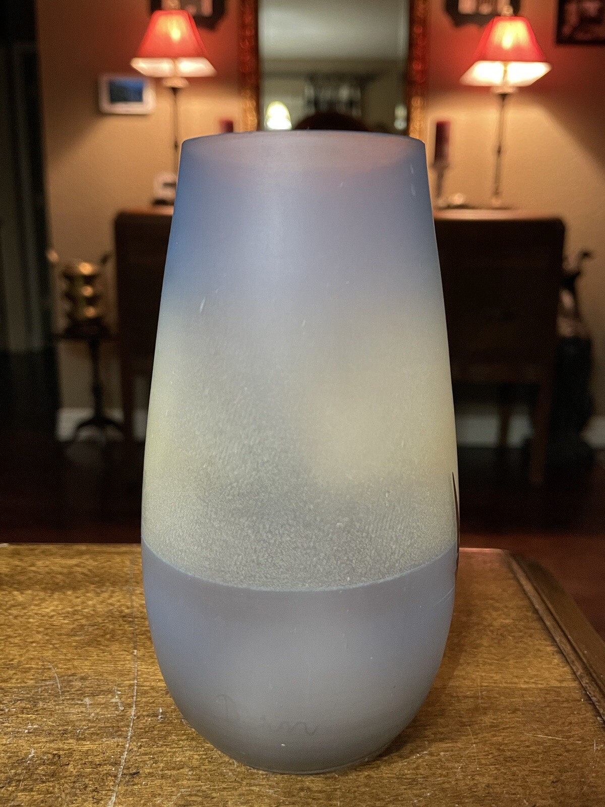 5.25″x2.5″ Blue Glass Vase Hand Painted With MCM Sailboats Vtg