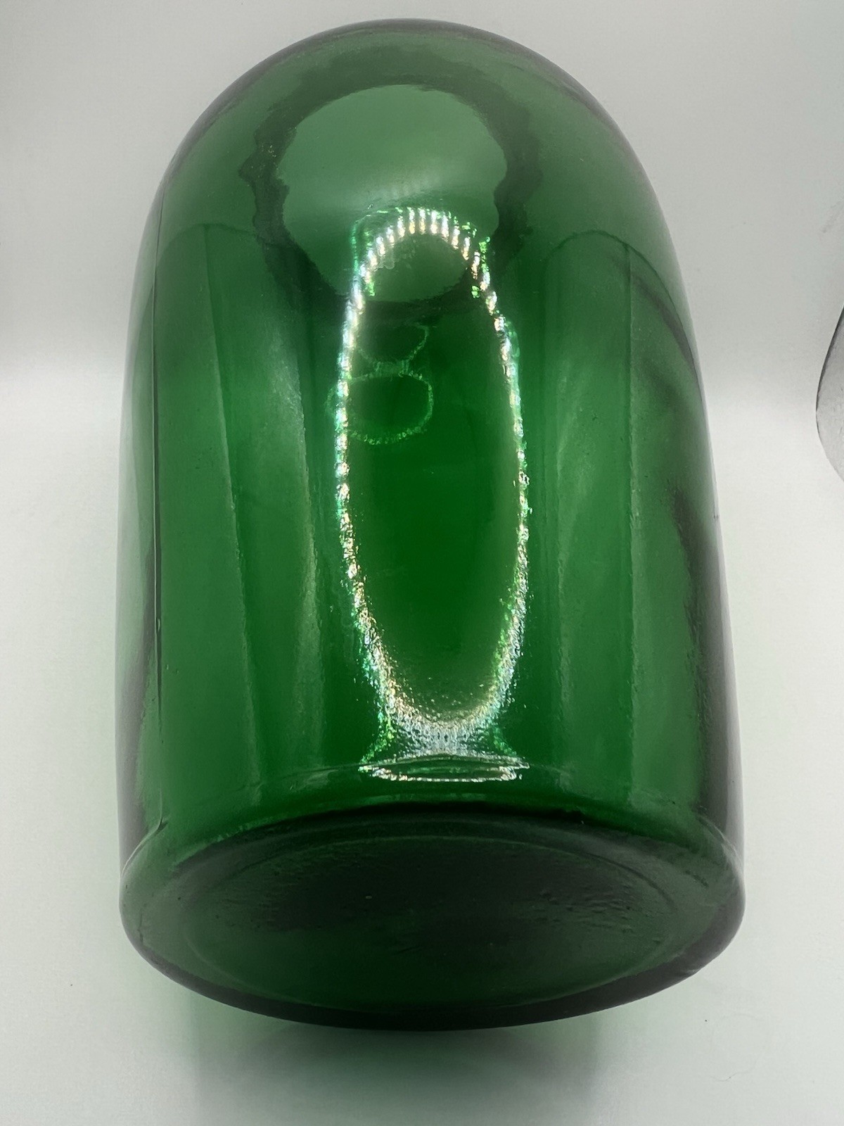 Set of 2 Mismatched Unbranded Green Glass Vases. Large 8.75” T, Small 6.25” Tall