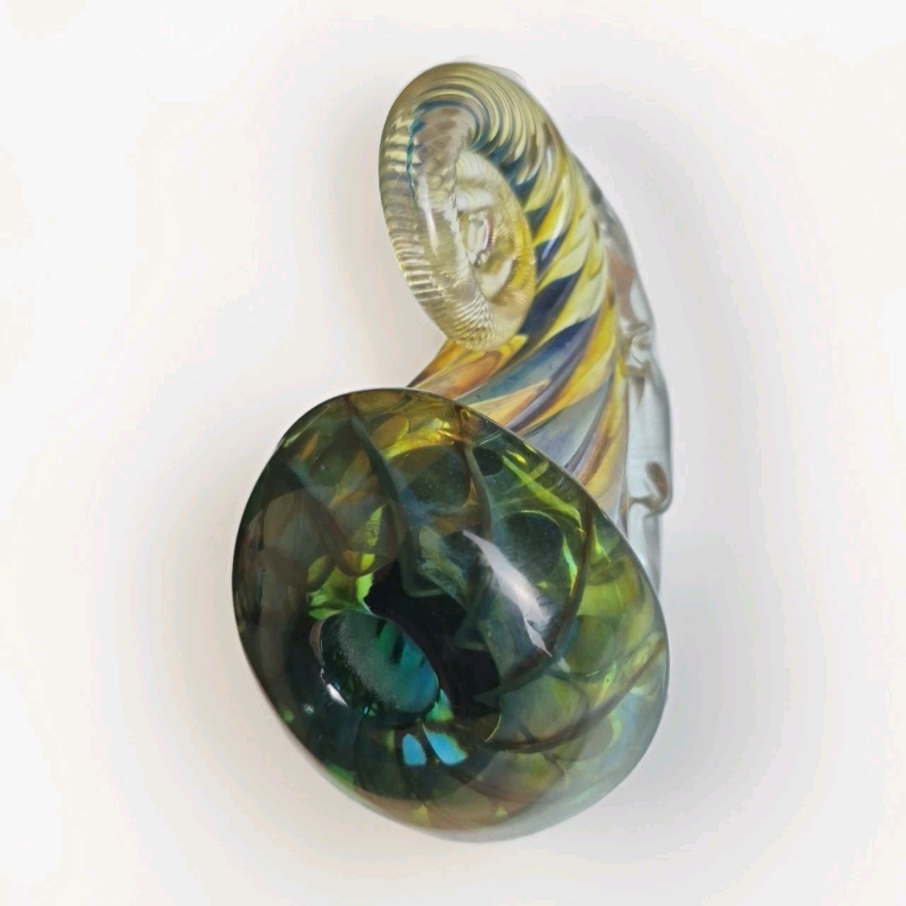 Artist Signed Iridescent Art Glass Nautilus Shell Inkwell Seaform Paperweight