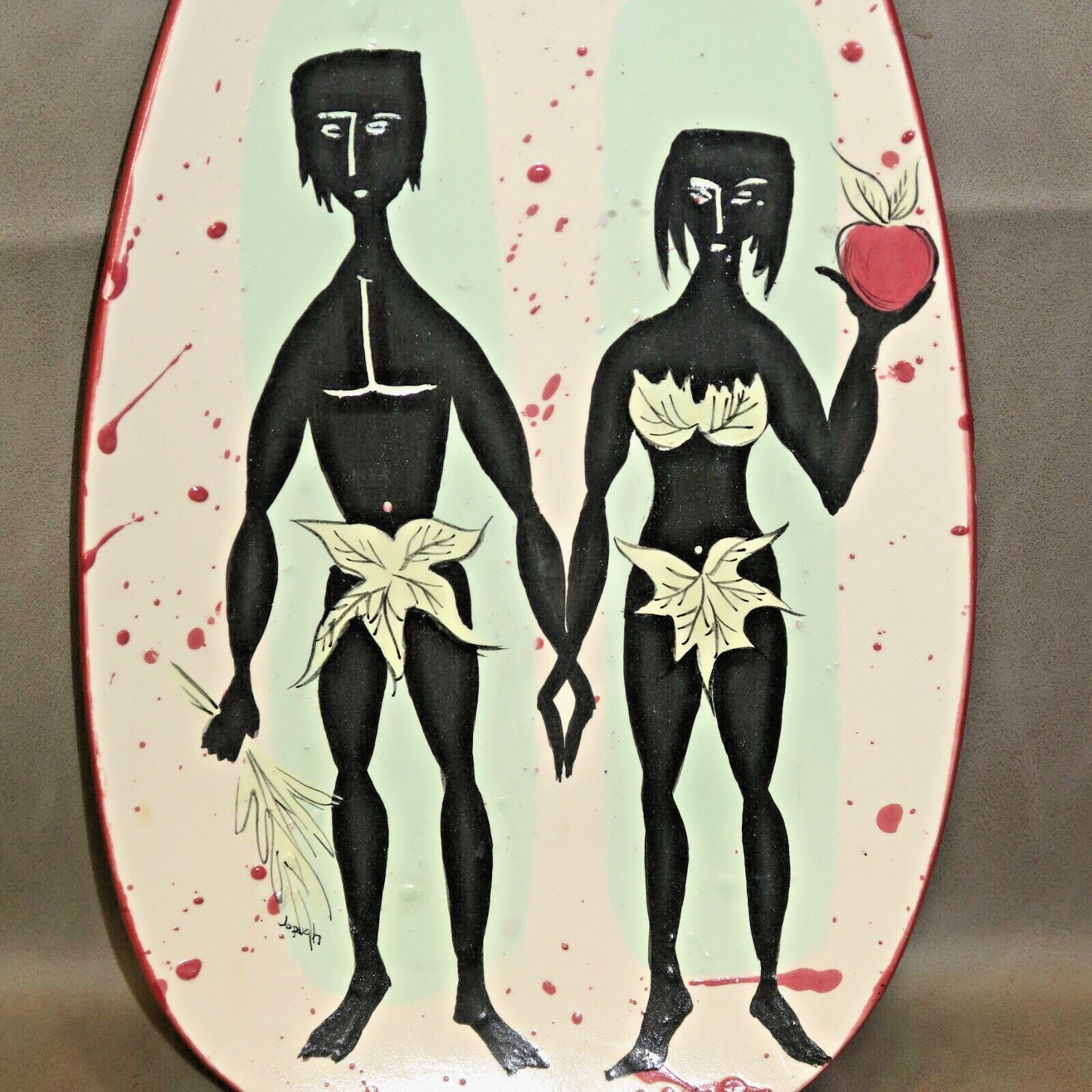 RARE Adam & Eve w Apple Nude Platter Plate Dish Holland Mold MCM Ceramic 13.75”