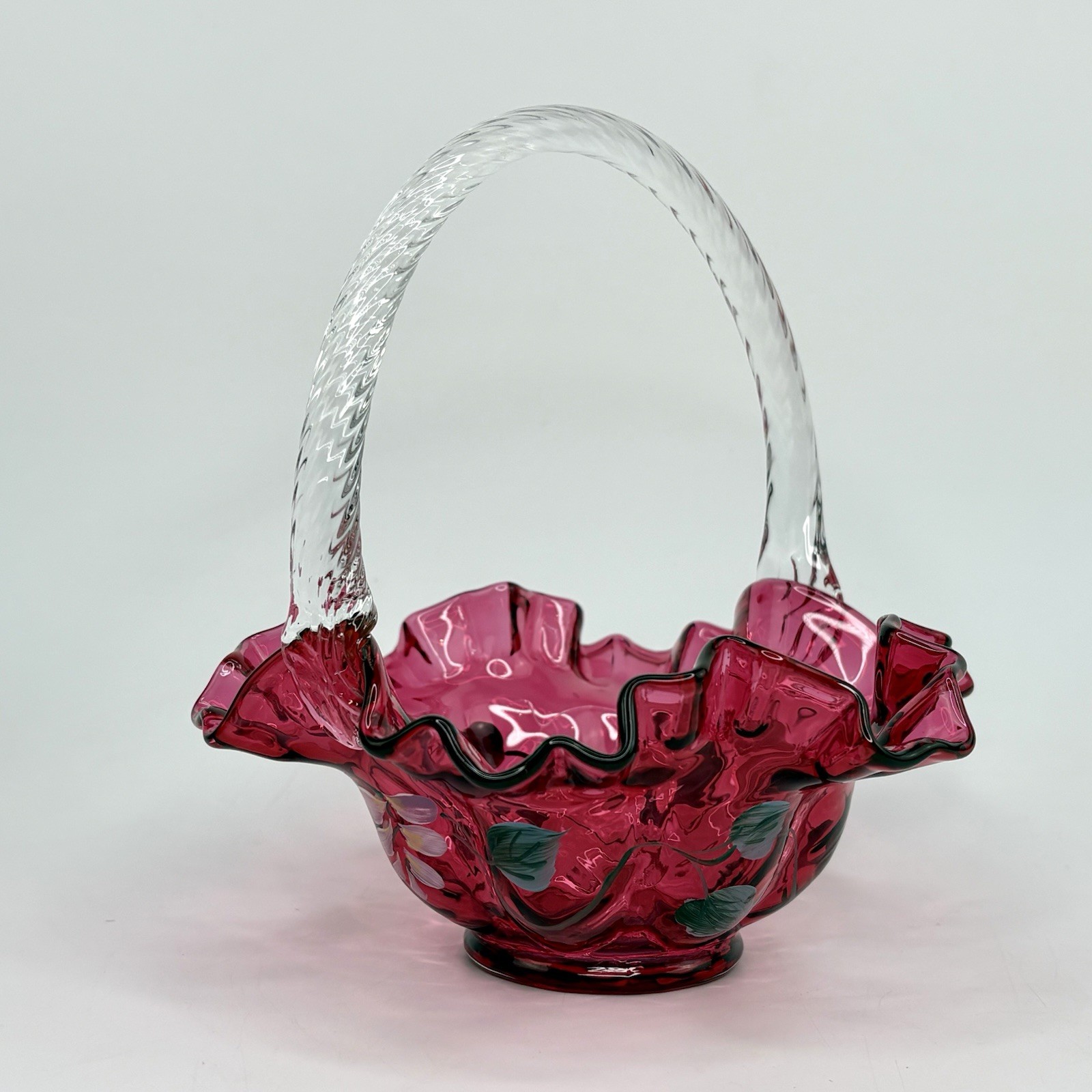 Vtg Fenton Cranberry Art Glass Ruffled Basket Vase Floral Painted by D. Barbour