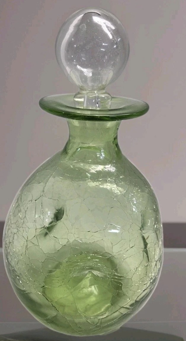 Vintage Crackle Glass Pinched Decanter With Stopper Hand Blown 8In