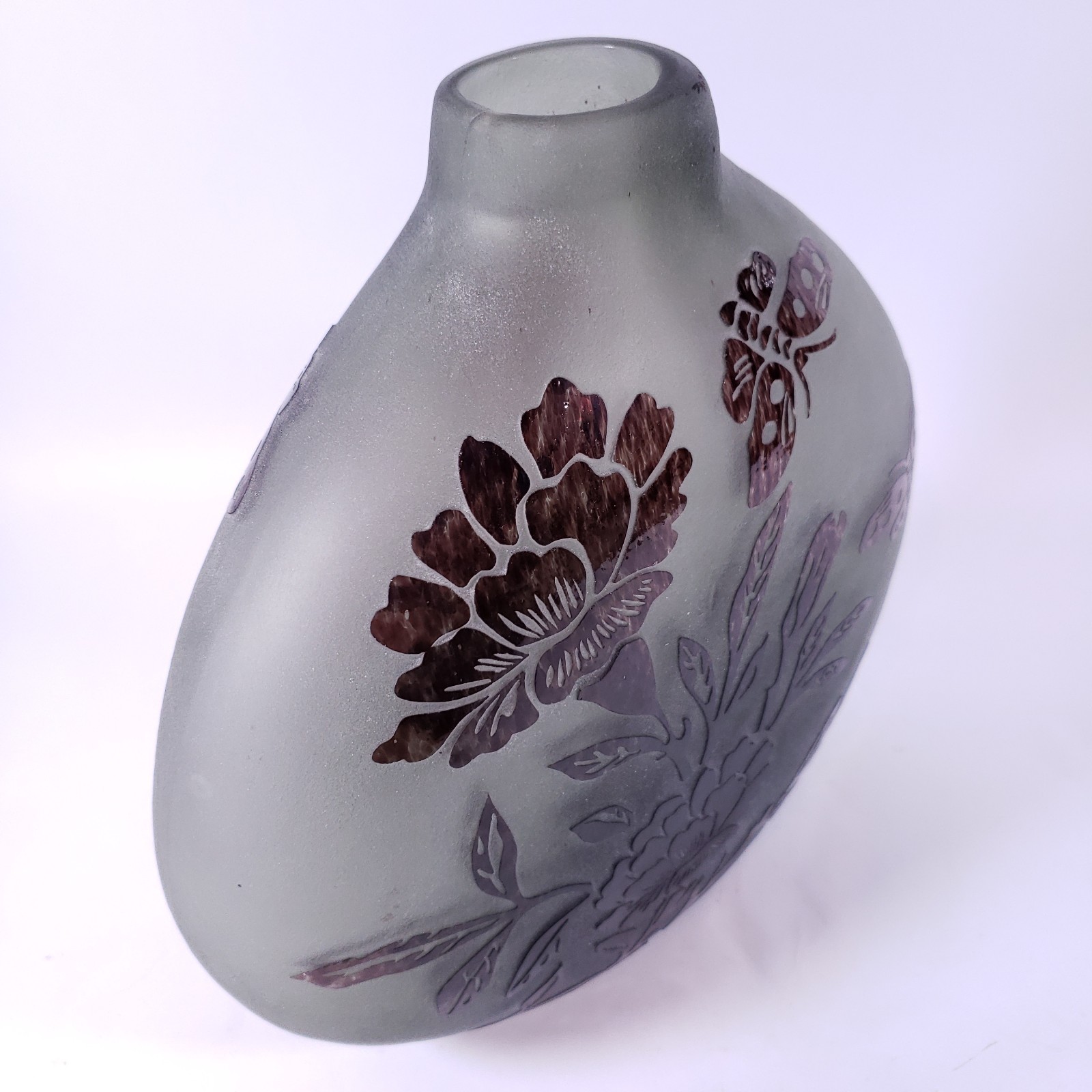 CAMEO Acid Etched Amethyst Purple Floral Butterfly Frosted GLASS VASE