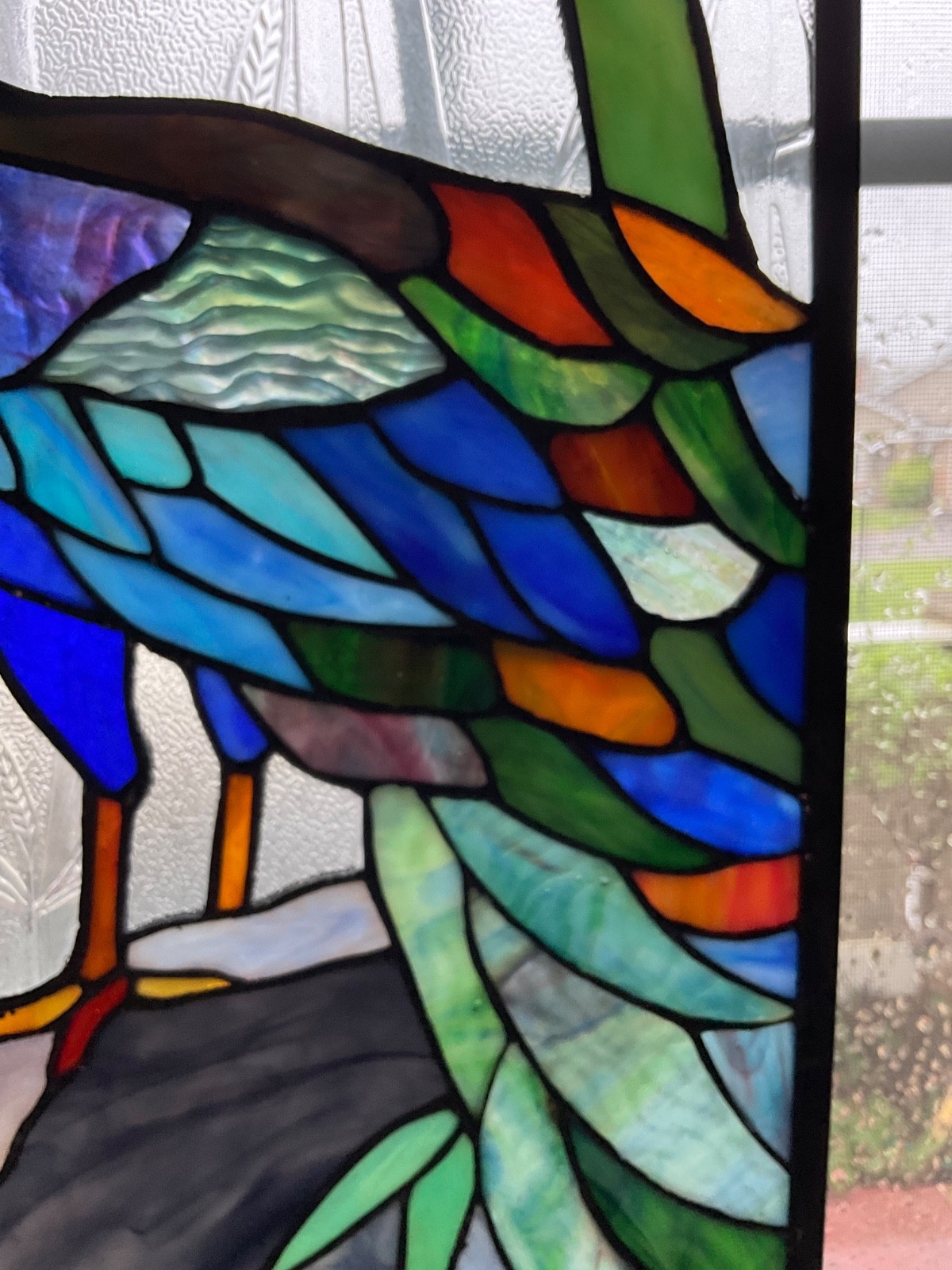 Stained glass peacock flower bamboo window panel framed. Nice!
