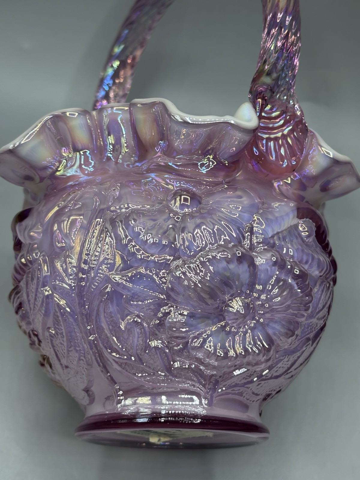 Fenton 1997 Pink Dusty Rose Poppy Overlay Iridescent Glass Basket Excellent Cond