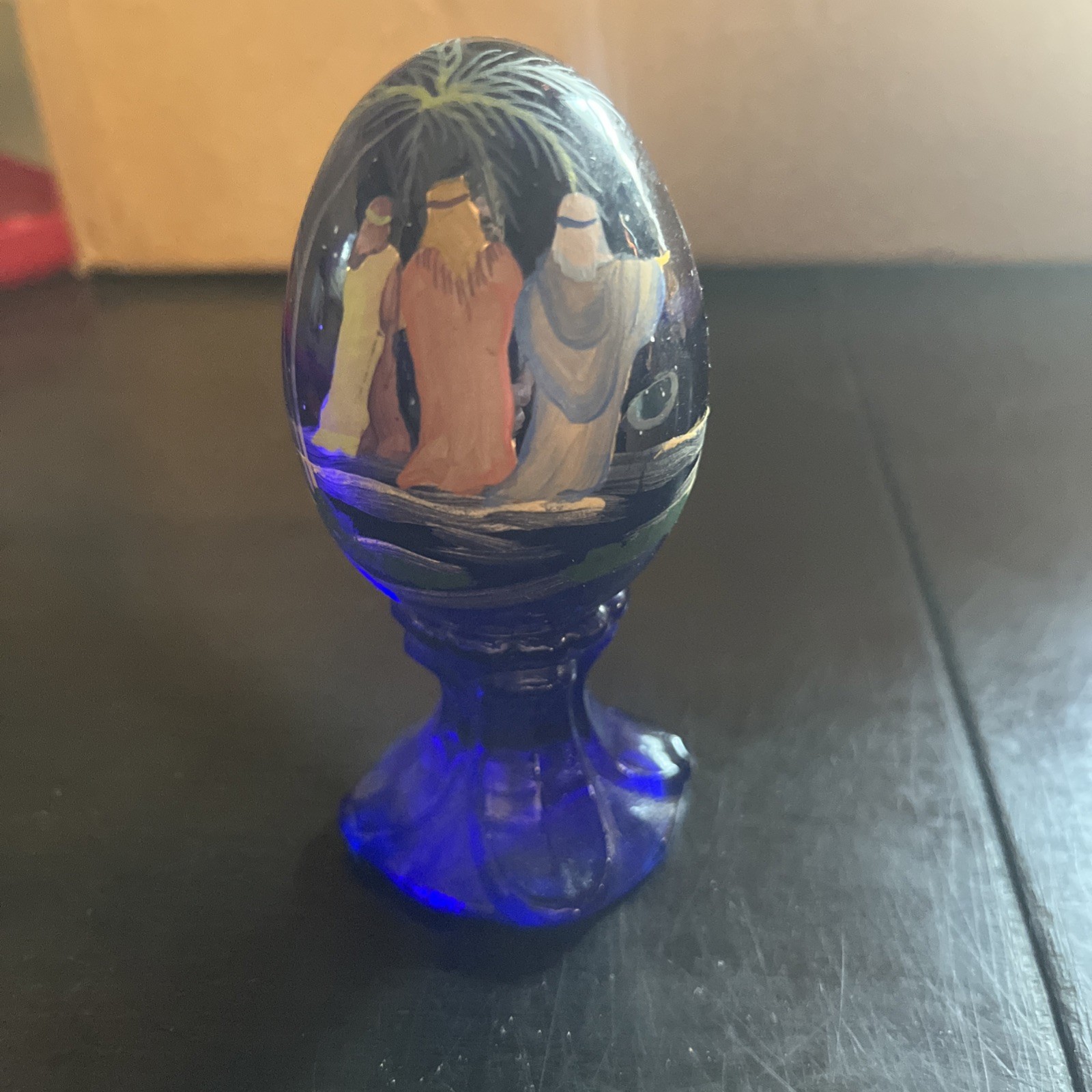 Fenton Glass Egg Cobalt Blue Three Wise Men 323/3000 Handpainted Signed