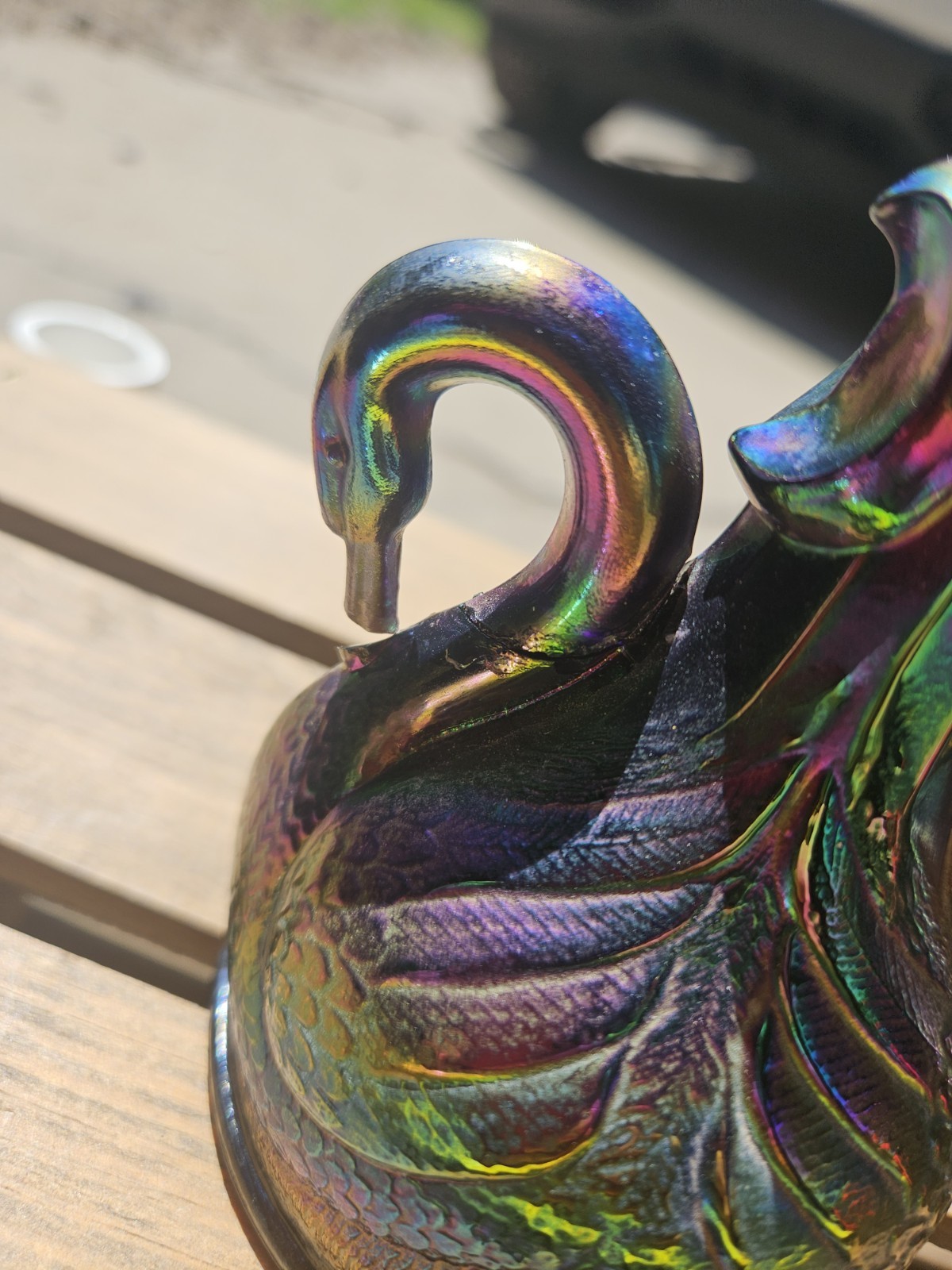 VINTAGE FENTON IRIDESCENT AMETHYST CARNIVAL GLASS SWAN CANDLESTICK. Read Below!