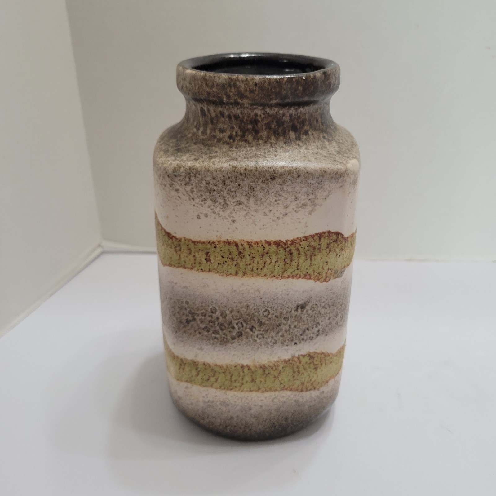 West Germany Speckled Striped Pottery Vase White Brown Greenish 8″ Inchs Tall