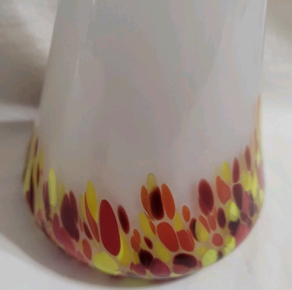 Blown Glass Vase Opaline White Confetti 8.5″ Orange Red Yellow Spatter Splatter
