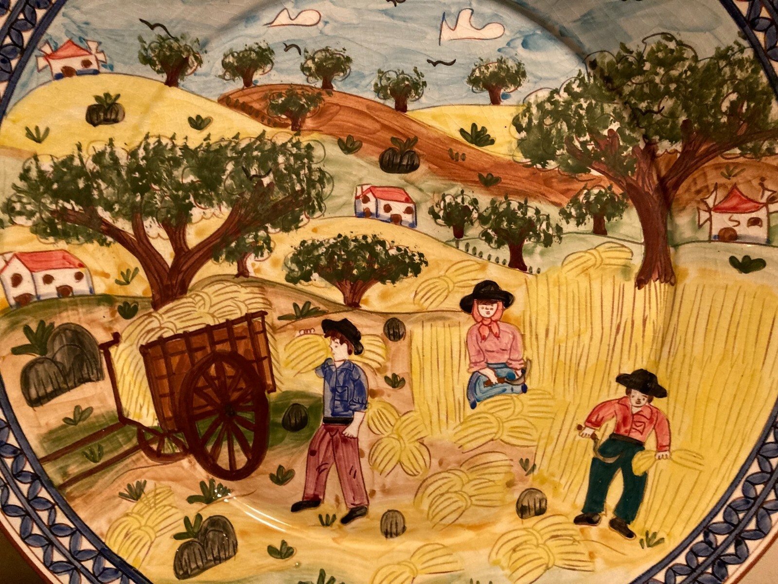 18″ FOLK ART HAND PAINTED PLATTER FARMING SCENE ~Terracotta~Signed