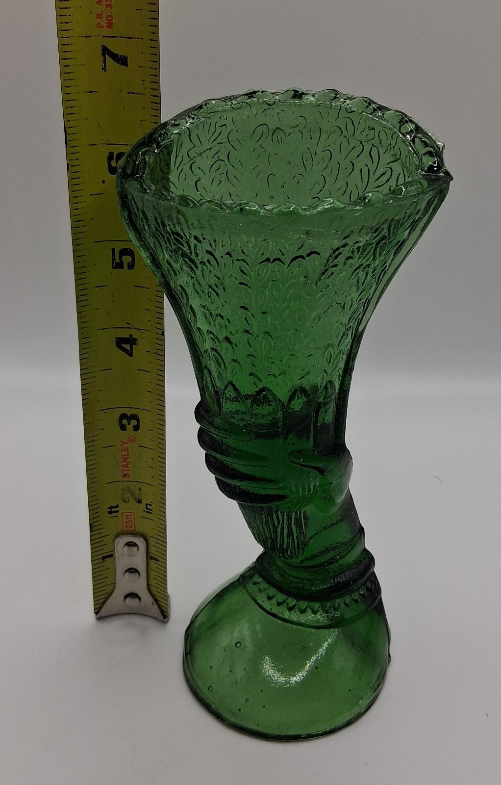 Rare Green Small Glass Hand Vase. Stored In Box, Never Displayed.