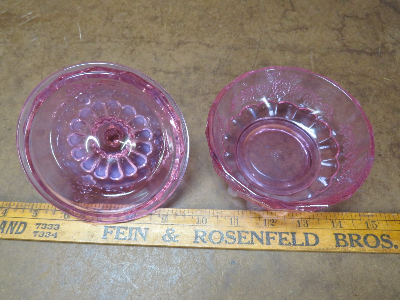 Fenton Hobnail Glass Pink Opalescent Vaseline Grape & Vine Lidded Dish 1990s Era