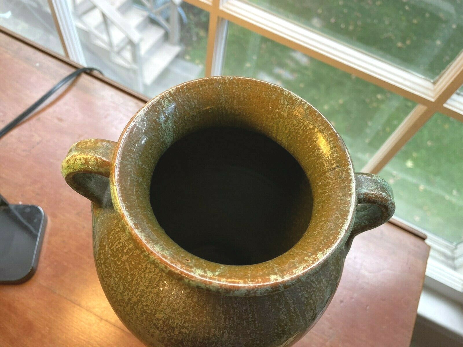 Vintage N. Carolina Pottery A. R. Cole Green Rutile Glaze Vase Handles 10 1/4 “