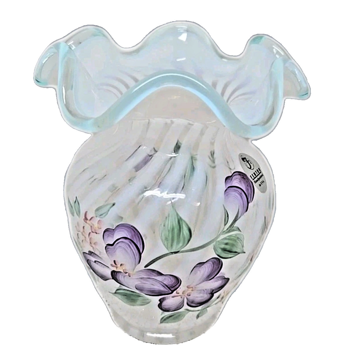 Vintage Fenton Aqua Optic Opalescent Glass Vase Ruffled Swirl Signed-Brock 5.5″