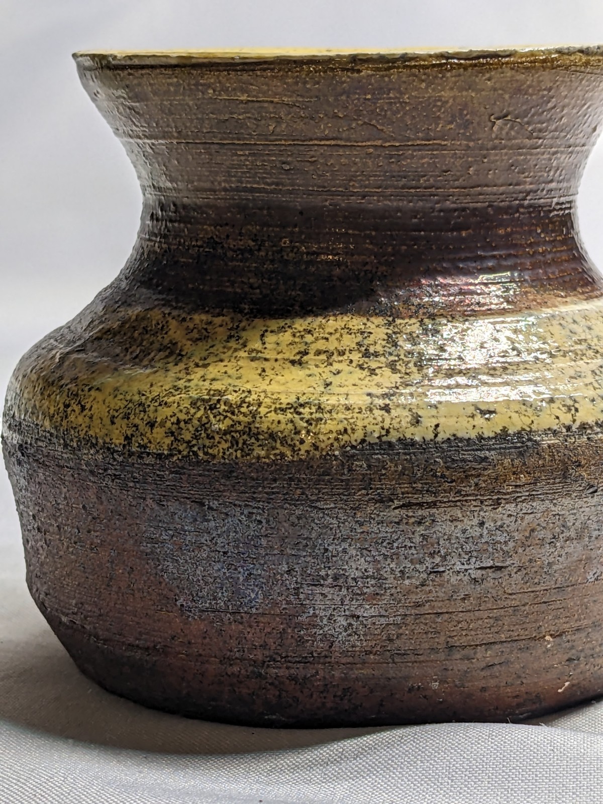 Rustic Glazed Pottery Vase, Brown Yellow Copper, Signed