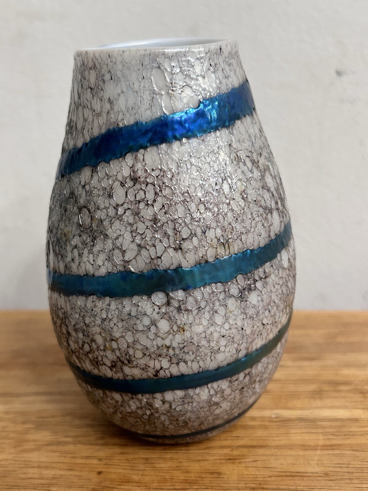 Rare 1977 Charles Lotton Blue Iridescent Molten Lava Cypriot Art Glass Vase Sign