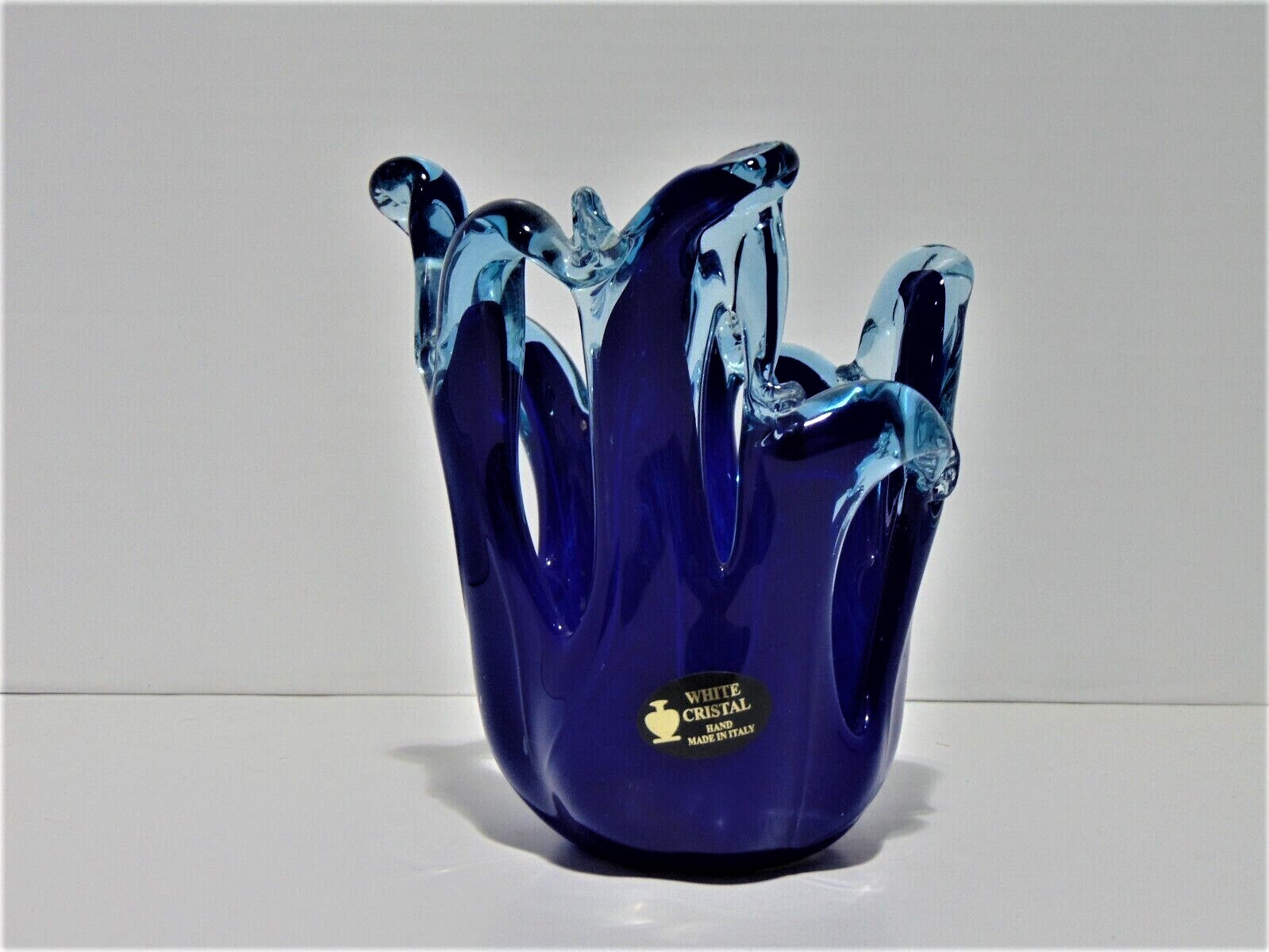 White Cristal Cobalt And Clear Vase Made In Italy Modern Art Glass