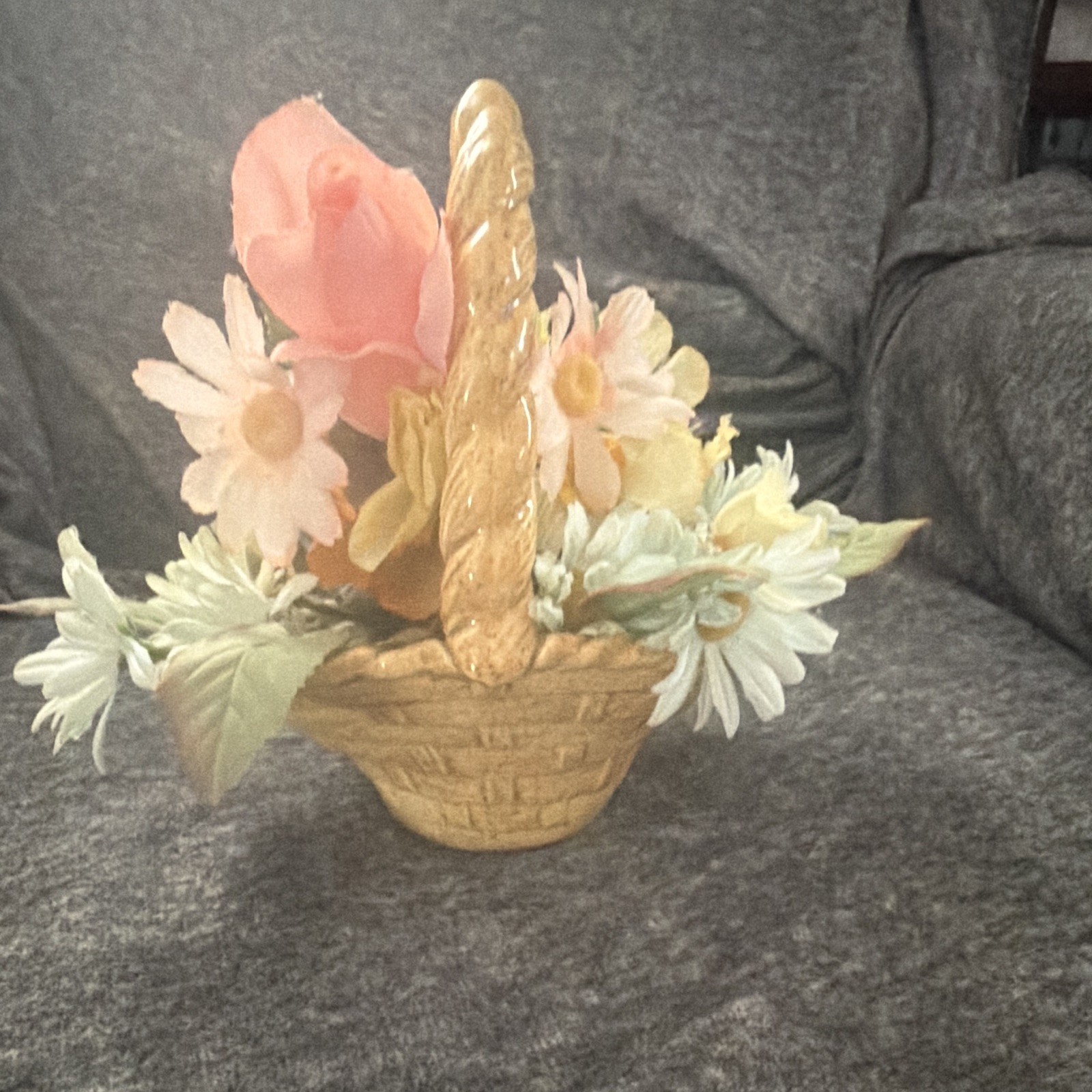 Ceramic Flower Basket with Handle, Beige Floral Decor, 10 x 6 x 9 in