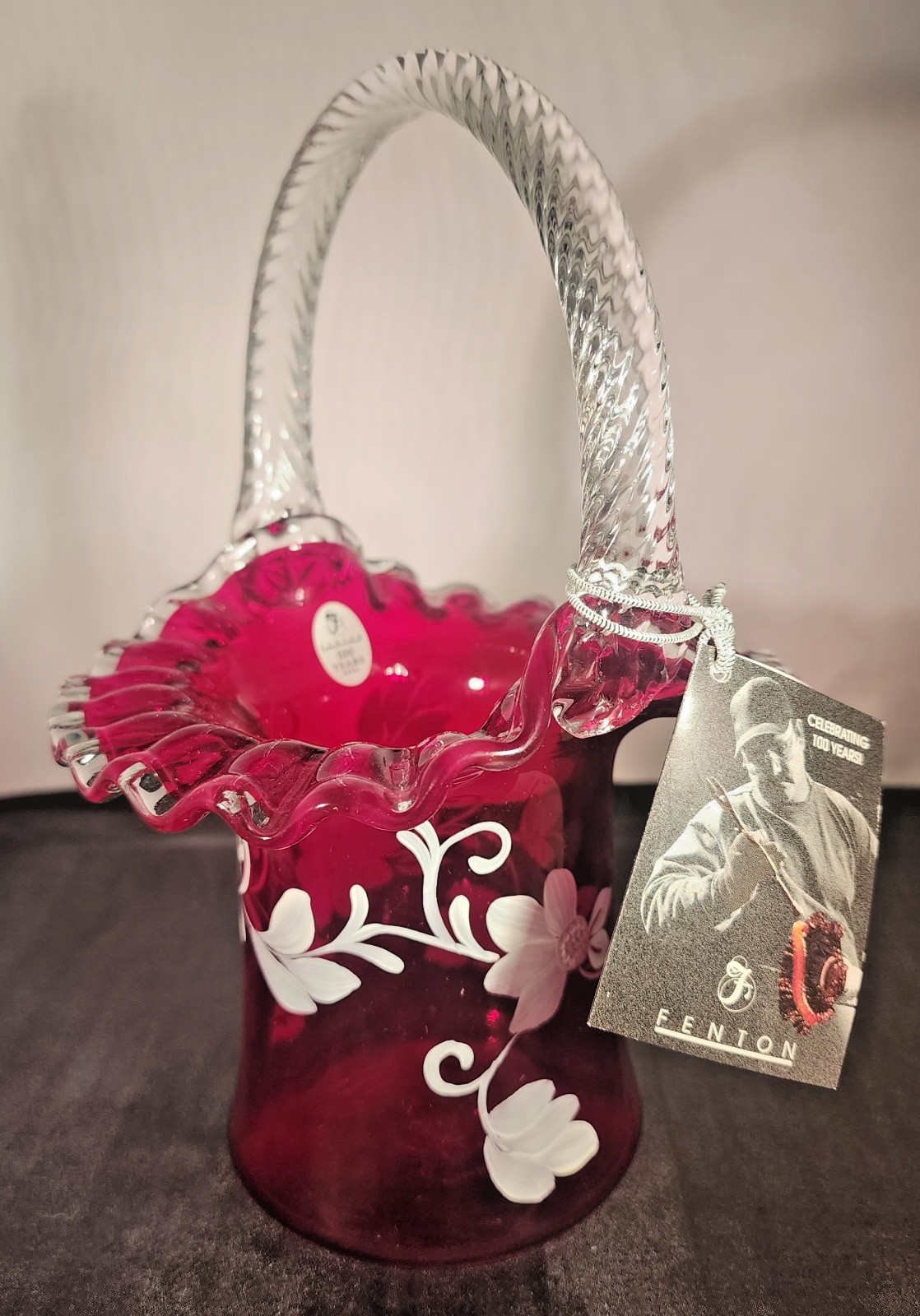 Fenton Art Glass Hand Painted Ruby Hat Basket Museum Collection 2004 w/ Cert.