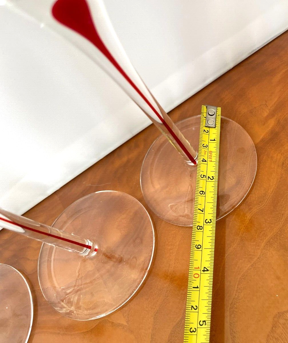 Murano Glass Champagne Flutes Clear Red drop Stem Set of 4 handblown glasses