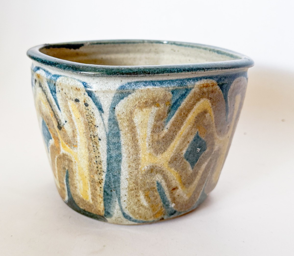 Mid 20th Century Glazed Studio Pottery Squared Planter, Signed, Mod Design