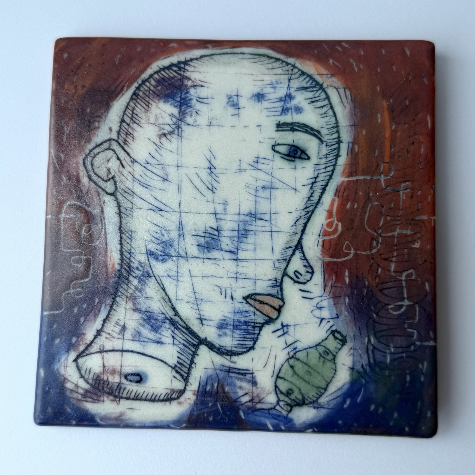 Kevin Snipes Signed Ceramic Pottery Art Tile – 4 1/2″