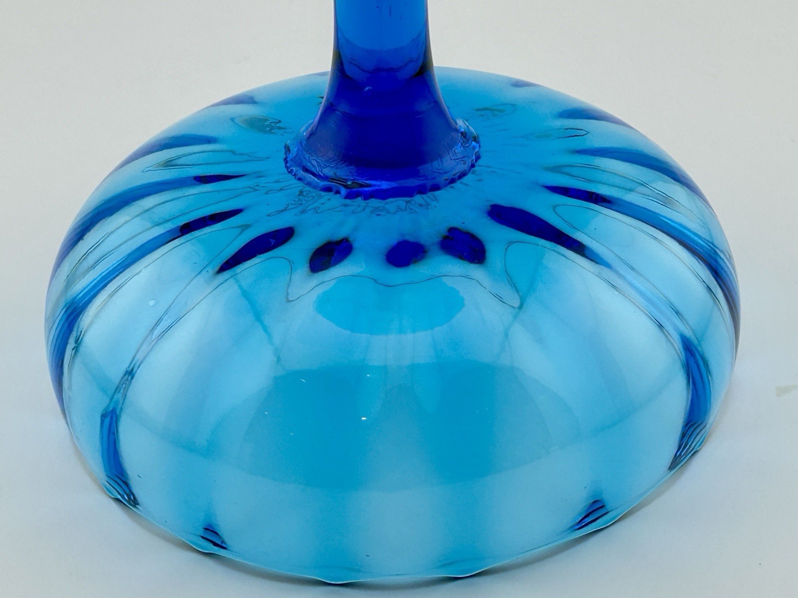 Empoli Long Stem Blue Swirled Blown Italian Glass Compote 8.5” H Vintage