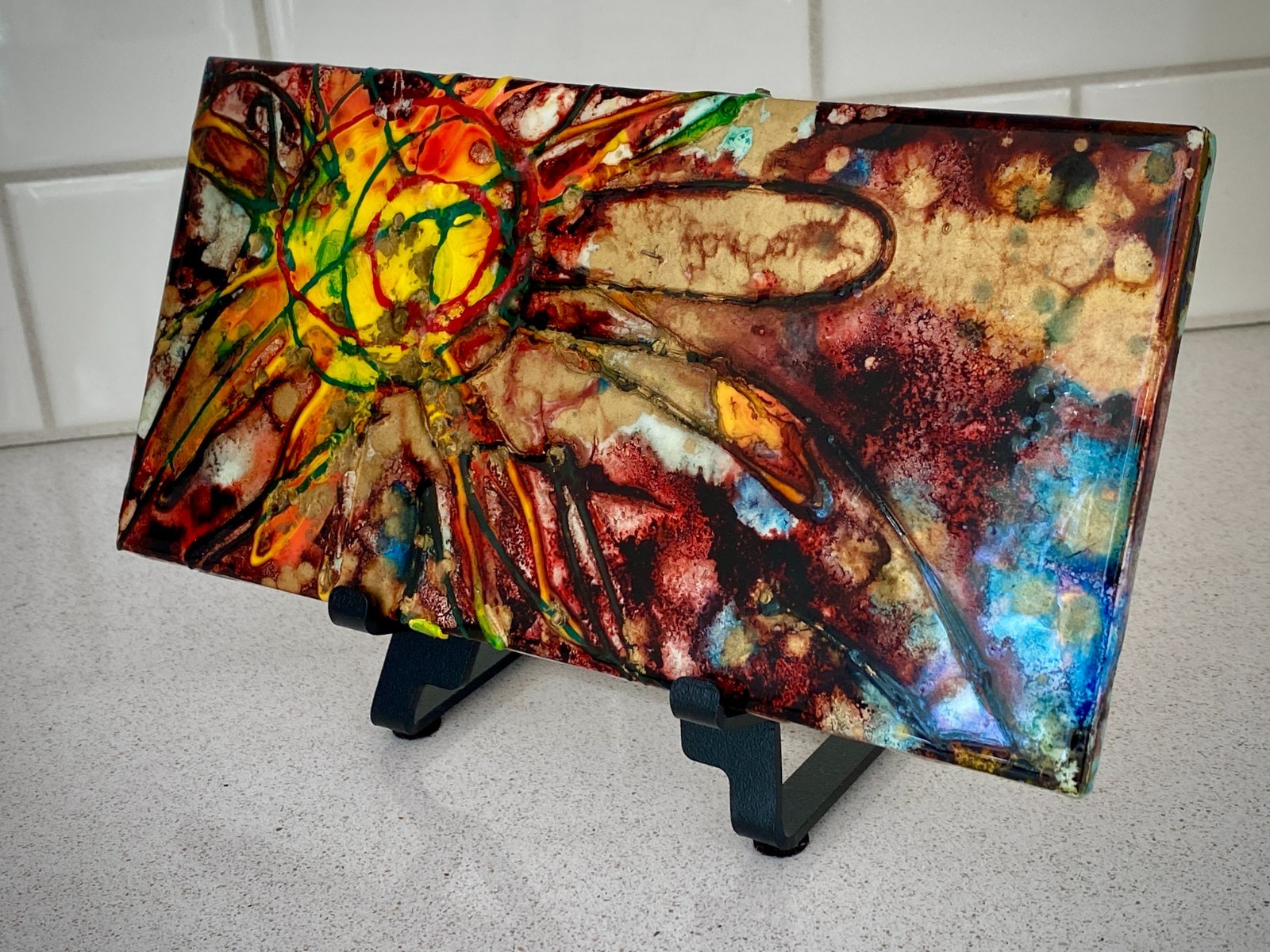 Sunflower Ceramic Art Tile (8.5×4.25″) Abstract Mixed Media Resin Artwork Decor