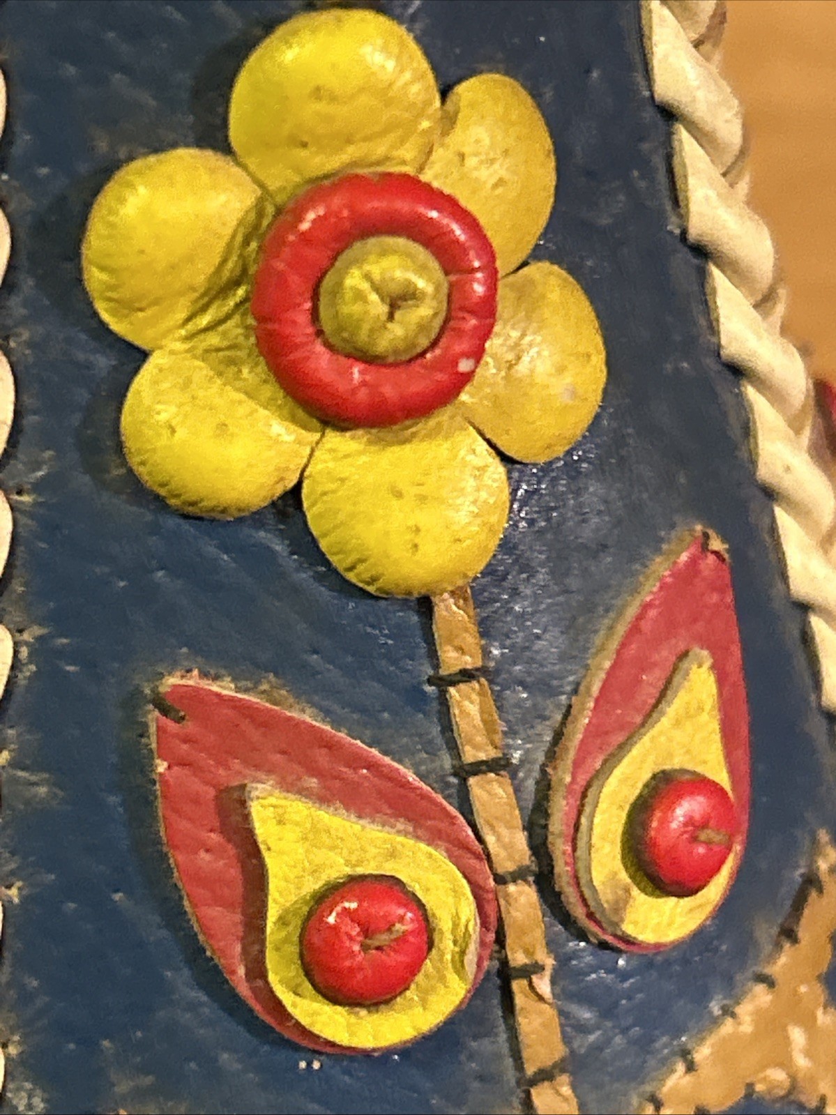 9” X 4” Leather Bound Folk Art Native American ? Arts & Crafts Budvase RARE