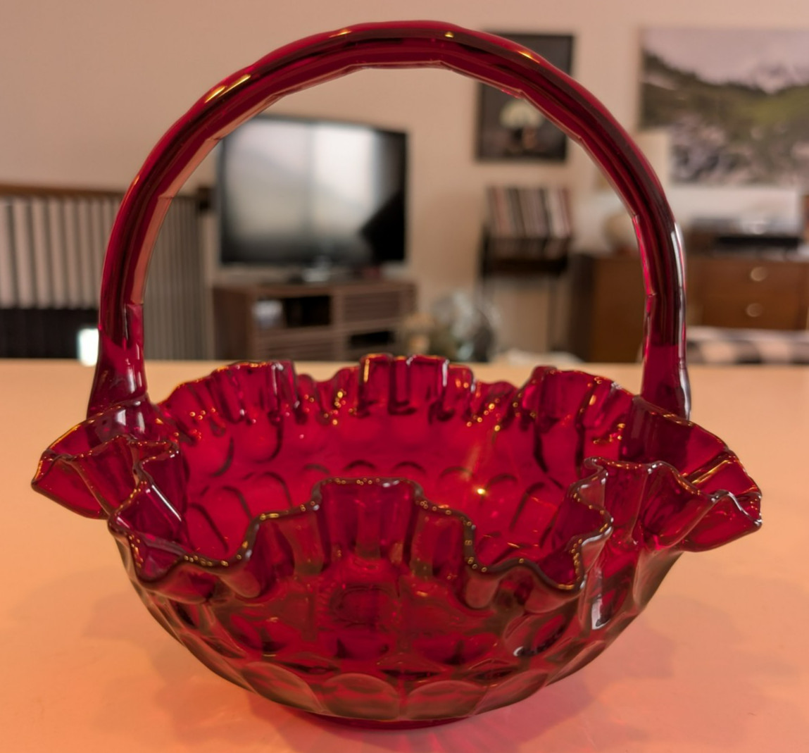 Vintage Ruby Red Fenton Thumbprint Pattern Basket Vase