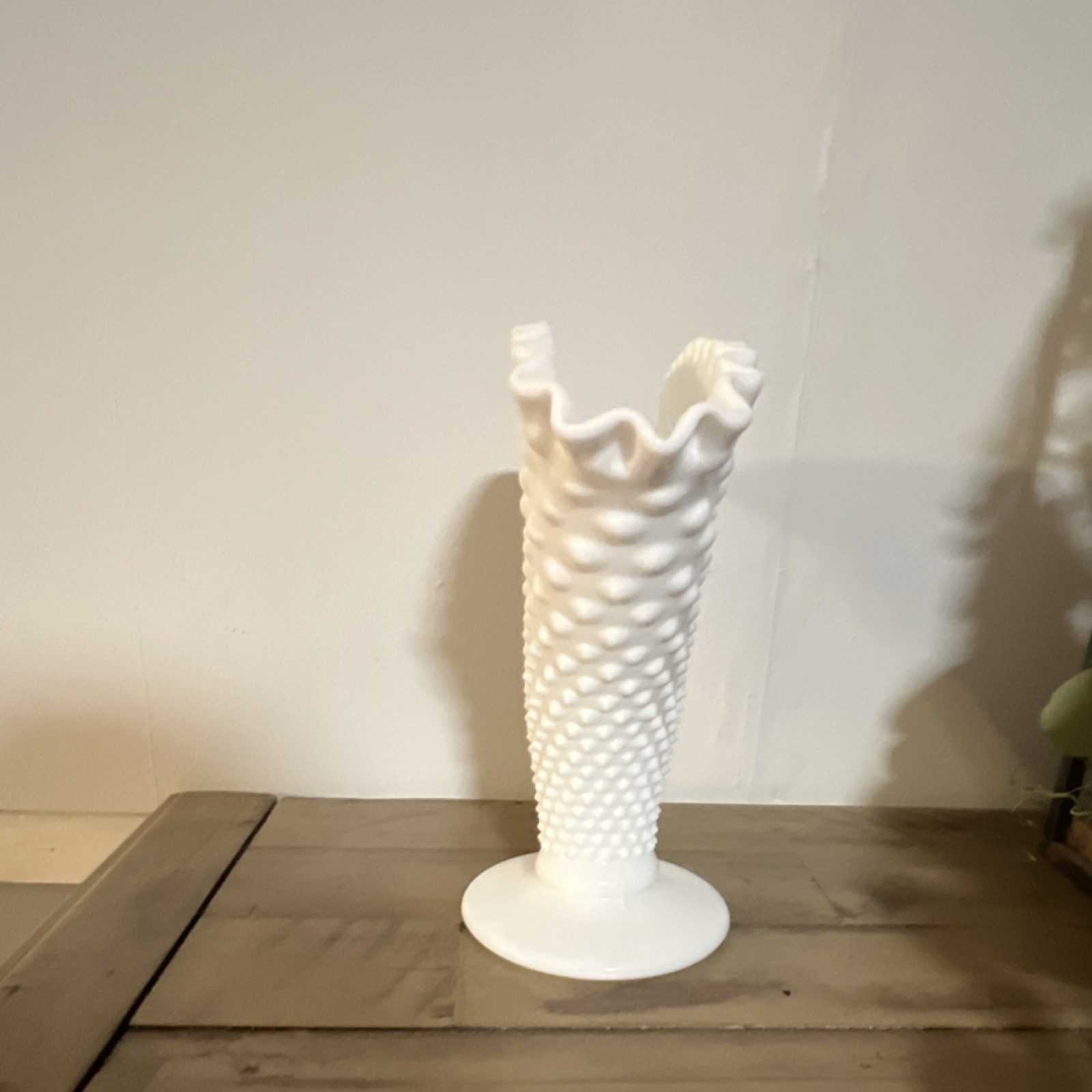 FentonWhite Milk Glass Decorative Vase Hobnail Pattern Ruffled Edge