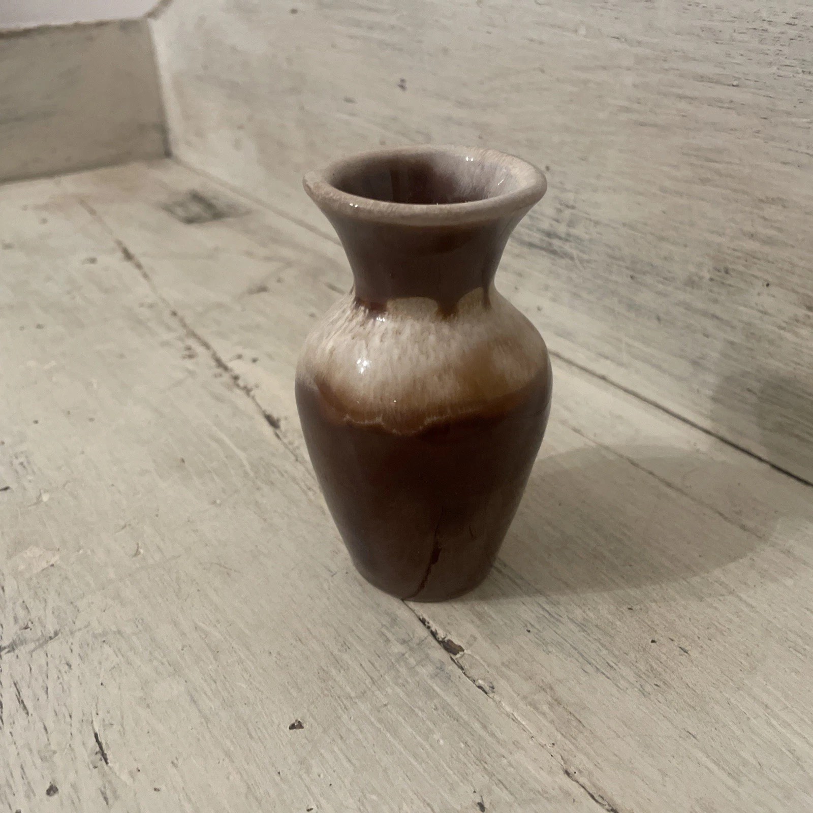 Small Stoneware Bud Vase Drip Glaze Brown & Cream 4” Cottage Cabin Core Decor