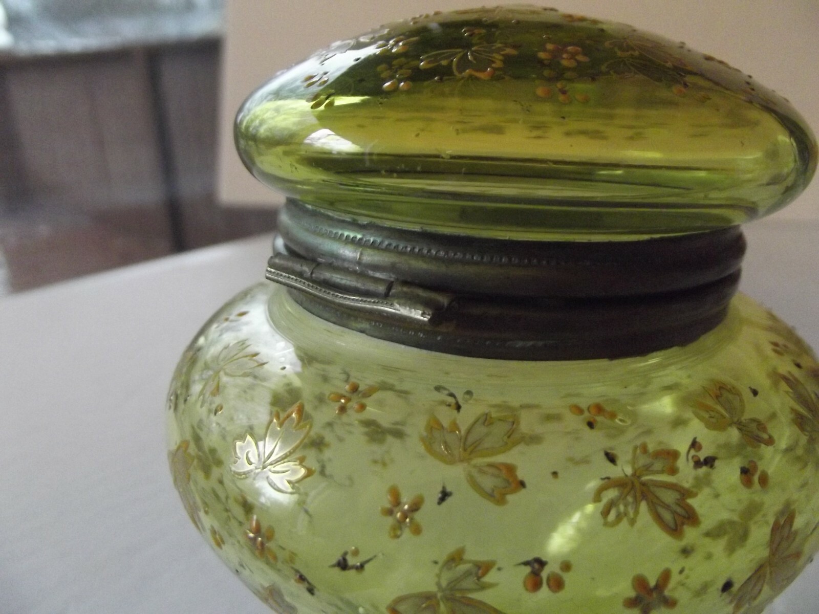 Hinged Jar Antique Green Glass enamel polychrome bohemian Moser Czech victorian