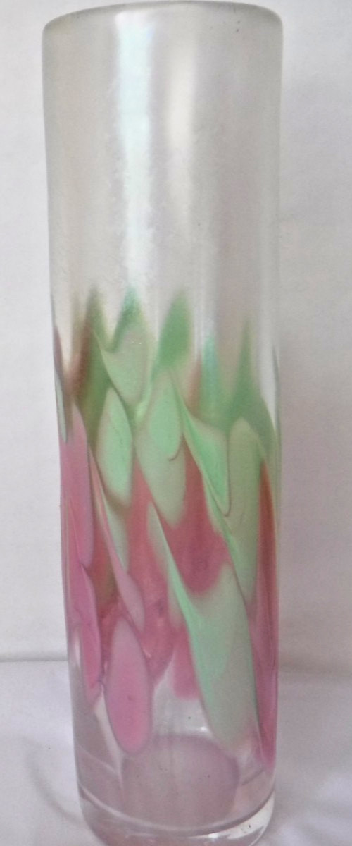 Robert Held Art Glass Tall Vase 13 in tall Tulip style signed HELD Pink Green