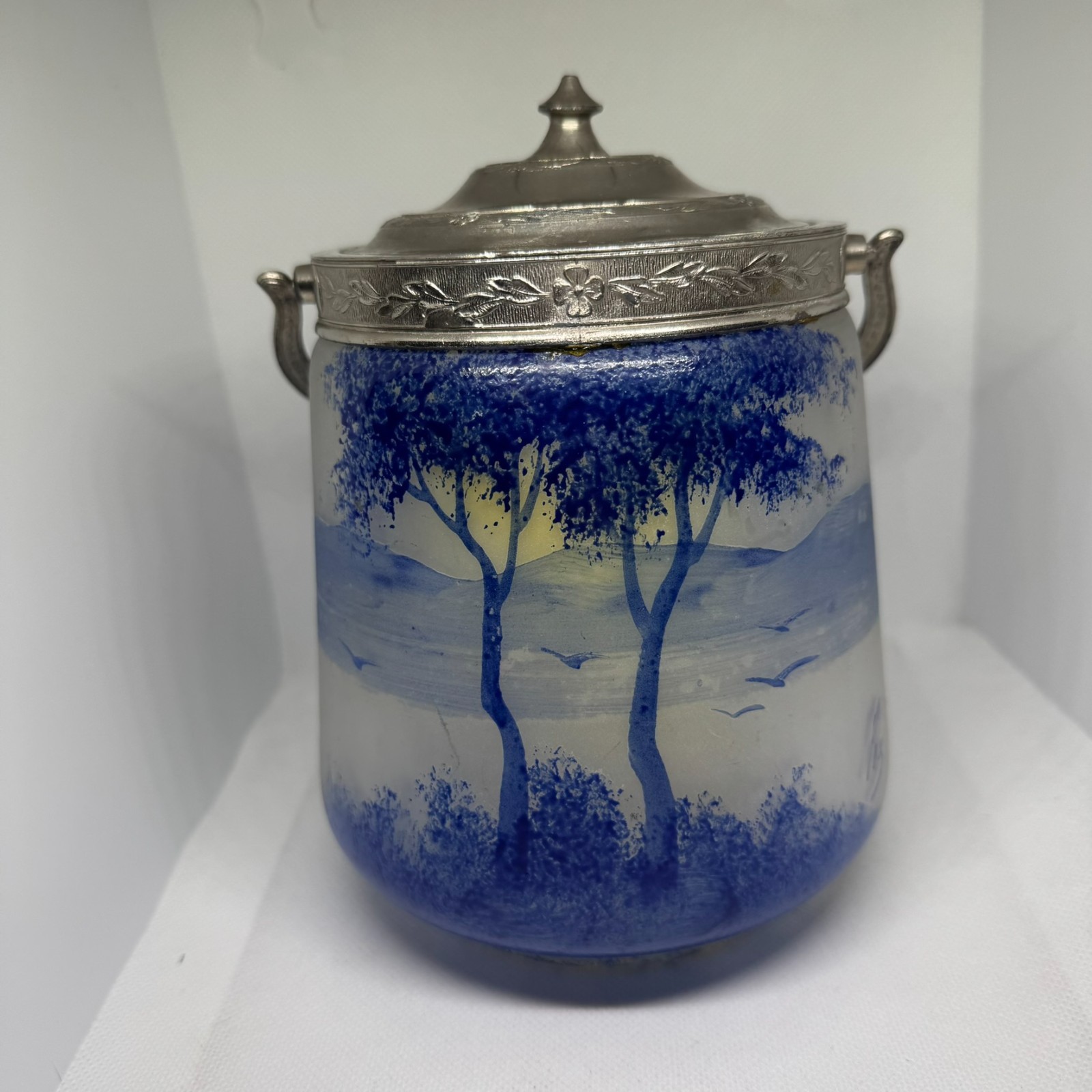 Antique Legras Art Nouveau Biscuit Jar Signed Leg Blue Winter Landscape French