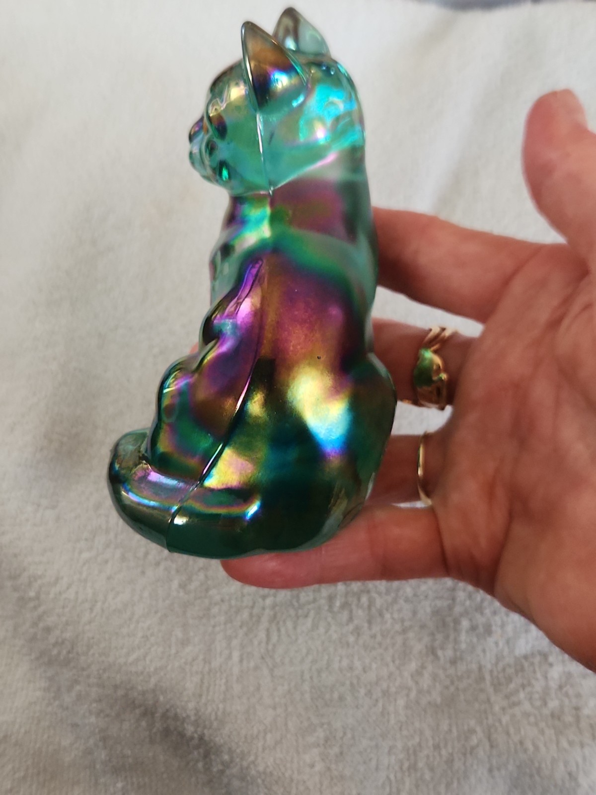 Purple Carnival Glass Fenton Cat Figurine Hand Painted With Sticker Stamped Logo